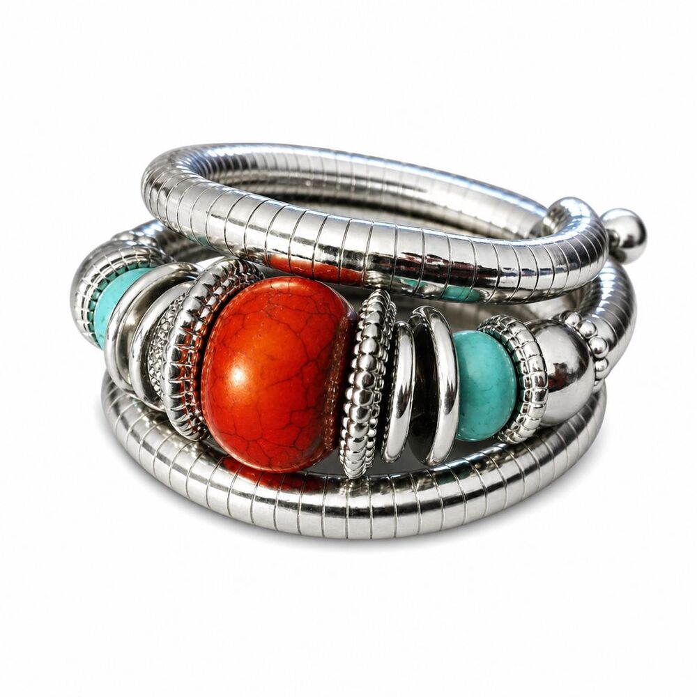 VTG Inspired Silver Tone Coil & Red Teal Glass Beaded Bracelet 7.5" Adjustable